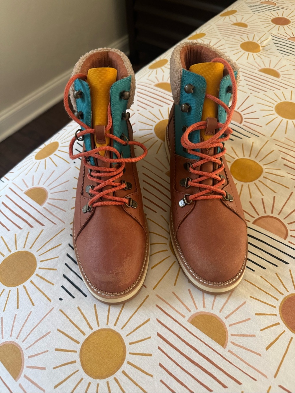 Toms Brown Lace-Up Boots with Teal and Yellow Accents